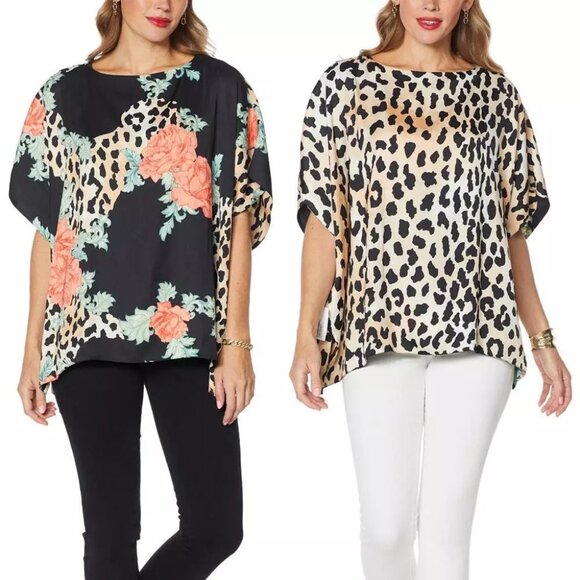 IMAN Tops - IMAN Nwt Reversible Global Chic Poncho Top XS/S Oversized Satin Fabric Cheetah